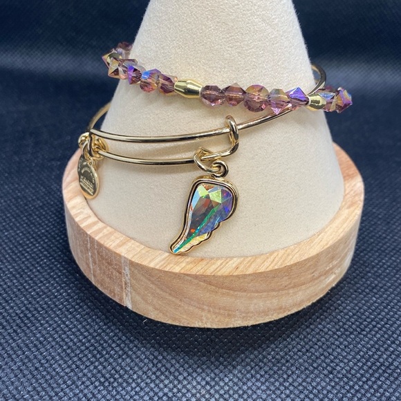 💜🪽ALEX AND ANI💜🪽Crystal Infusion Angel Wing & Beaded Charm Bangle Set of 2/EUC - Picture 1 of 5